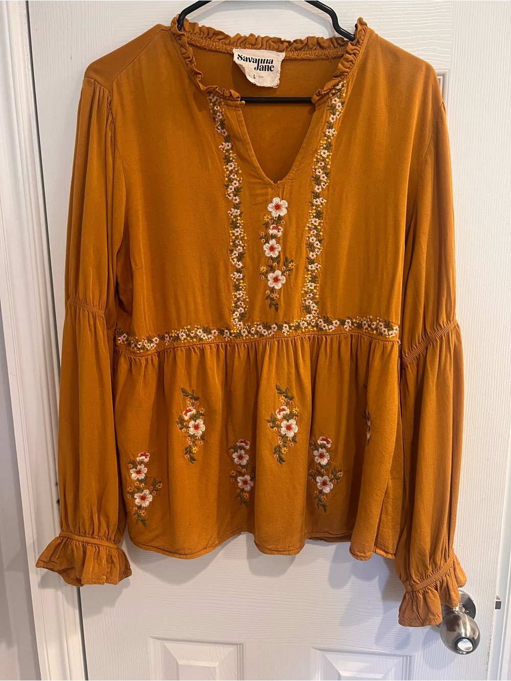 Savanna Jane Mustard Floral Embroidered Peasant Top